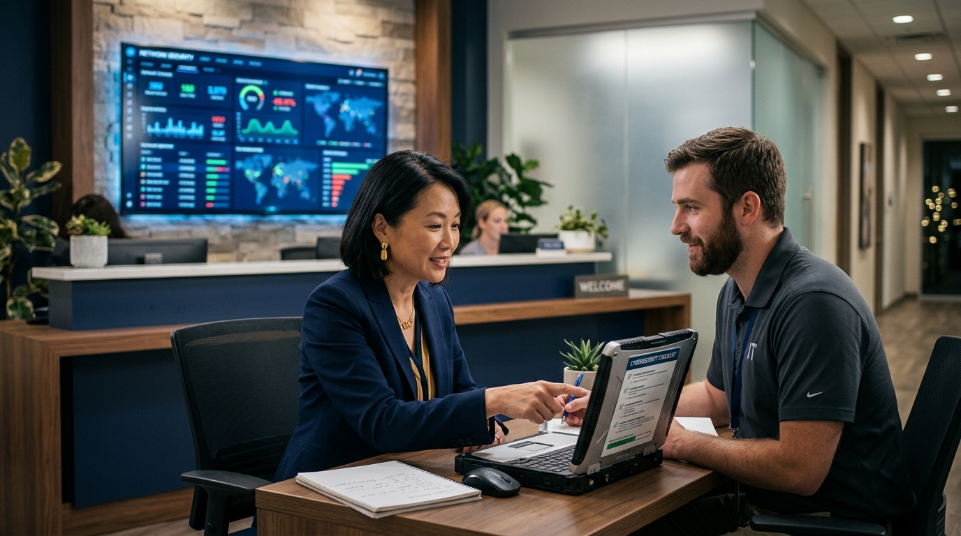 Dental practice leaders reviewing a cybersecurity assessment