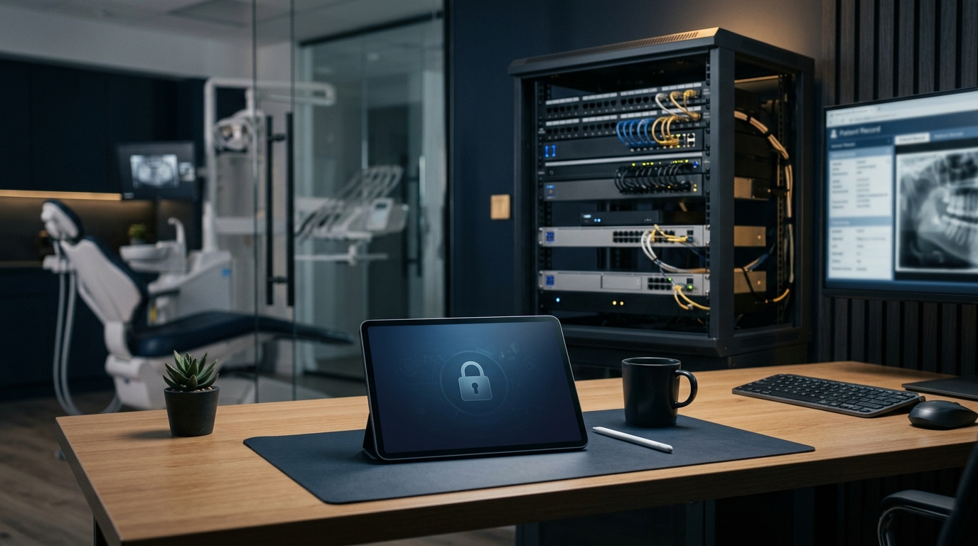 Dental office technology setup with secure network equipment