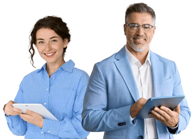 Two people holding tablets, casual attire.