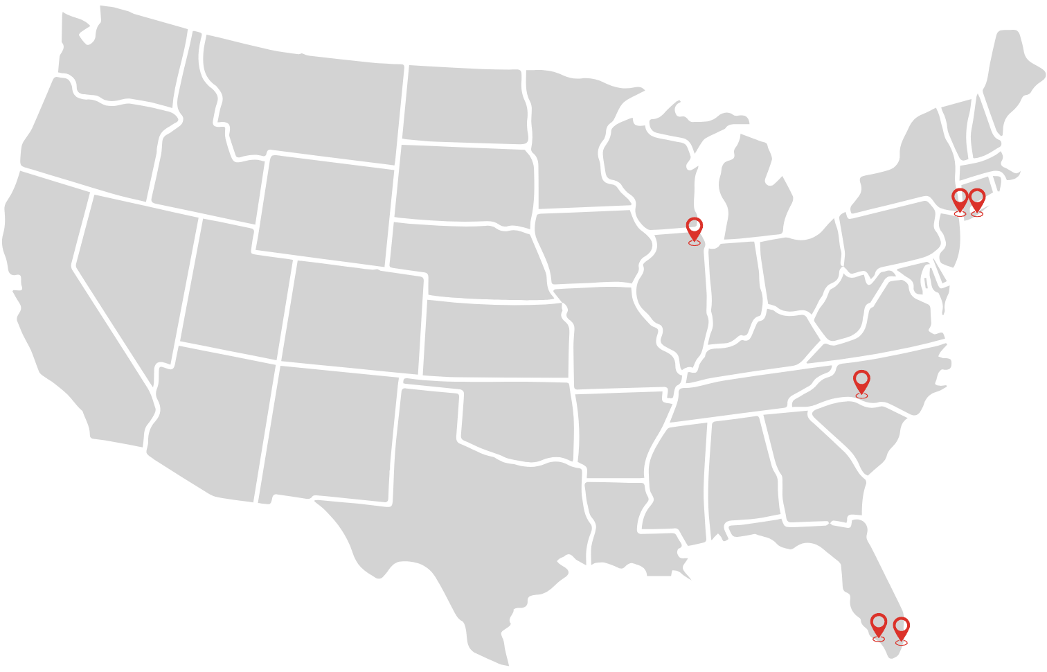 Map of the United States with markers